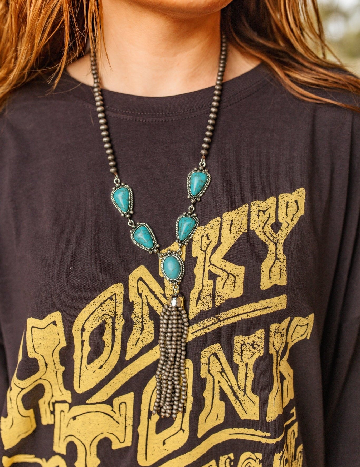 Turquoise and Beaded Tassel Necklace