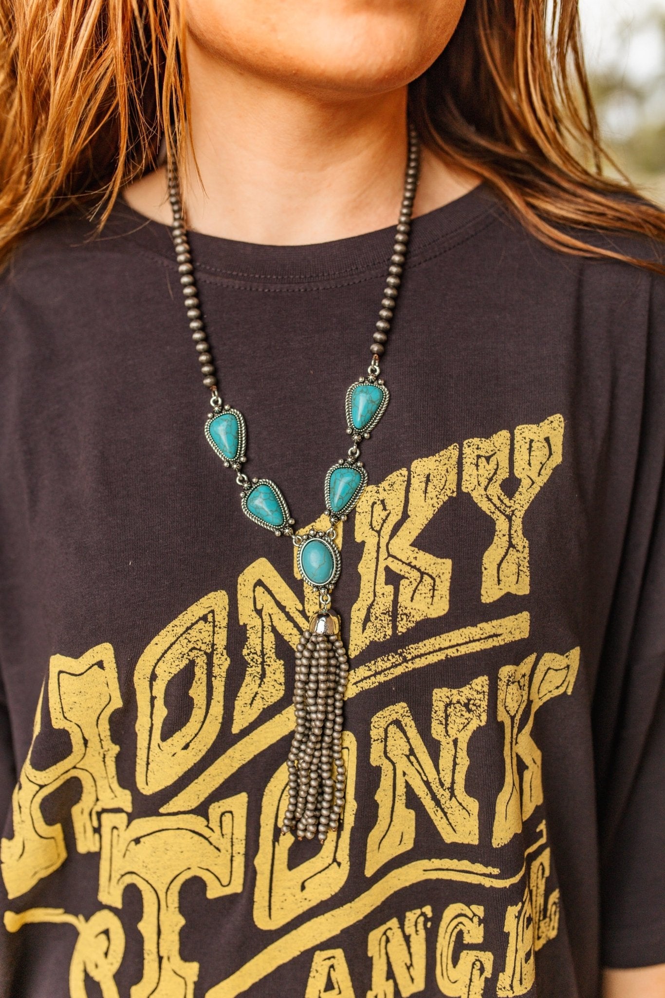 Turquoise and Beaded Tassel Necklace