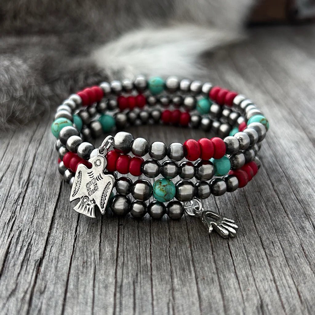 Turquoise and Coral Acai Beaded Wrap Bracelet