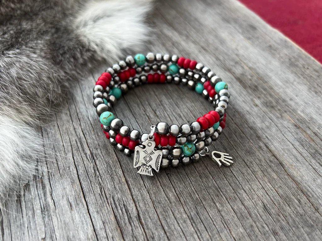Turquoise and Coral Acai Beaded Wrap Bracelet
