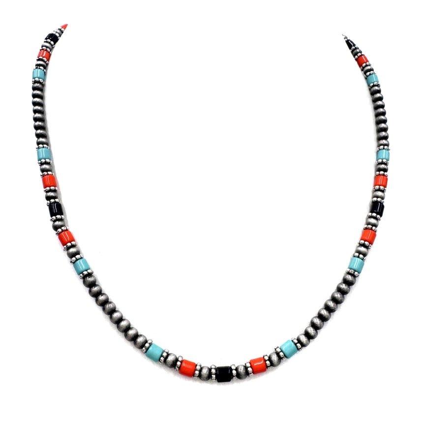 Turquoise and Coral Trinity Beaded Necklace