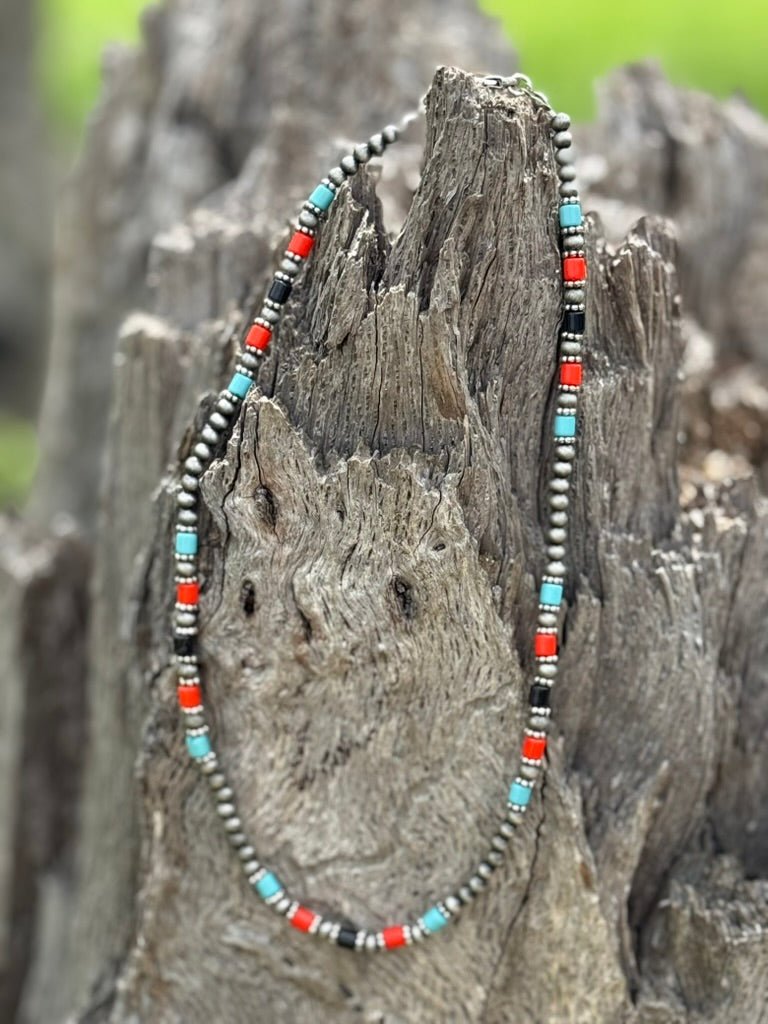 Turquoise and Coral Trinity Beaded Necklace