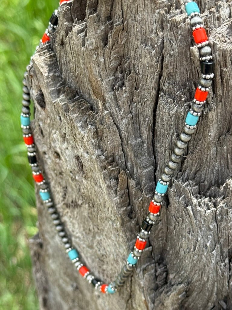 Turquoise and Coral Trinity Beaded Necklace