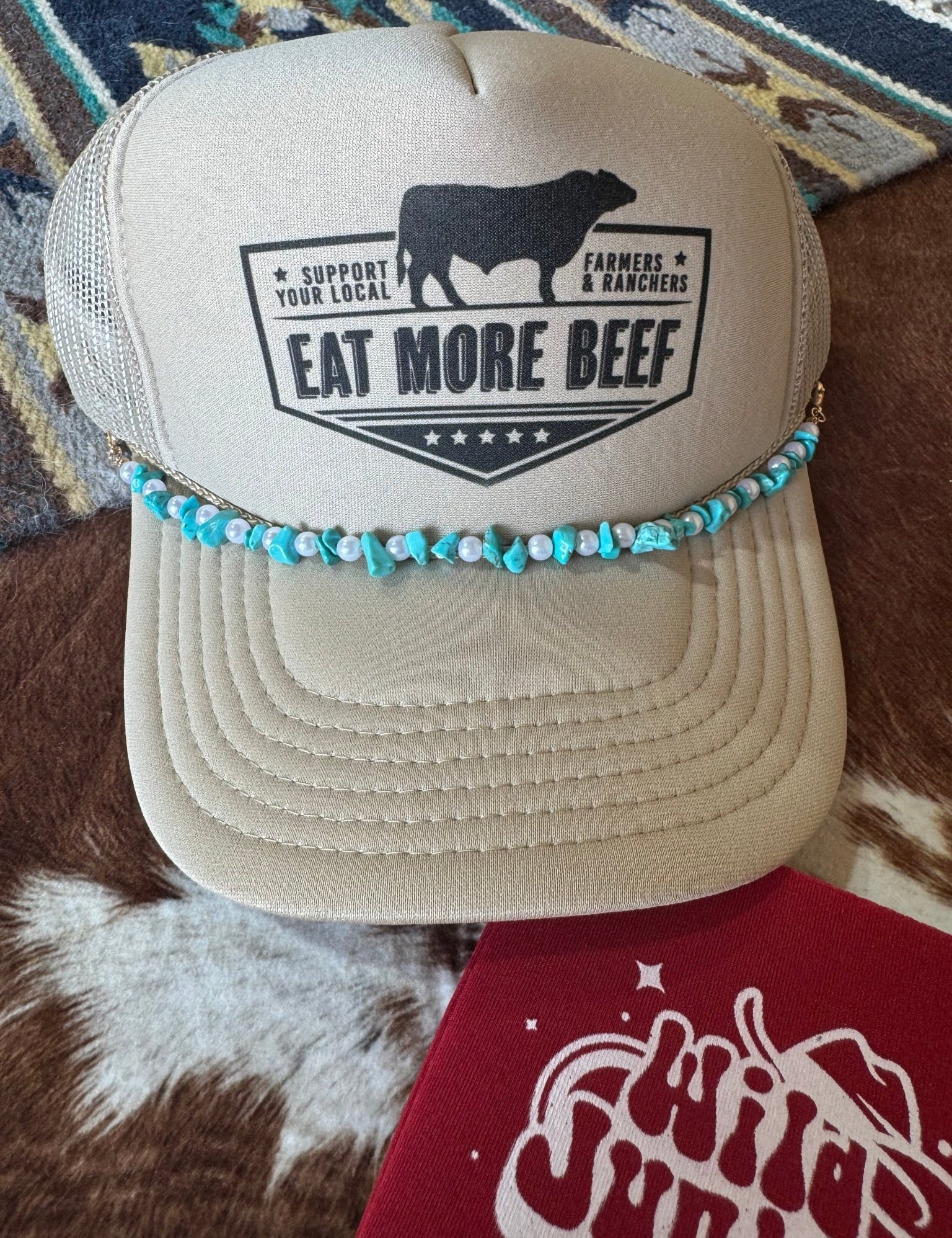 Turquoise and Faux Pearl Trucker Hat Chain