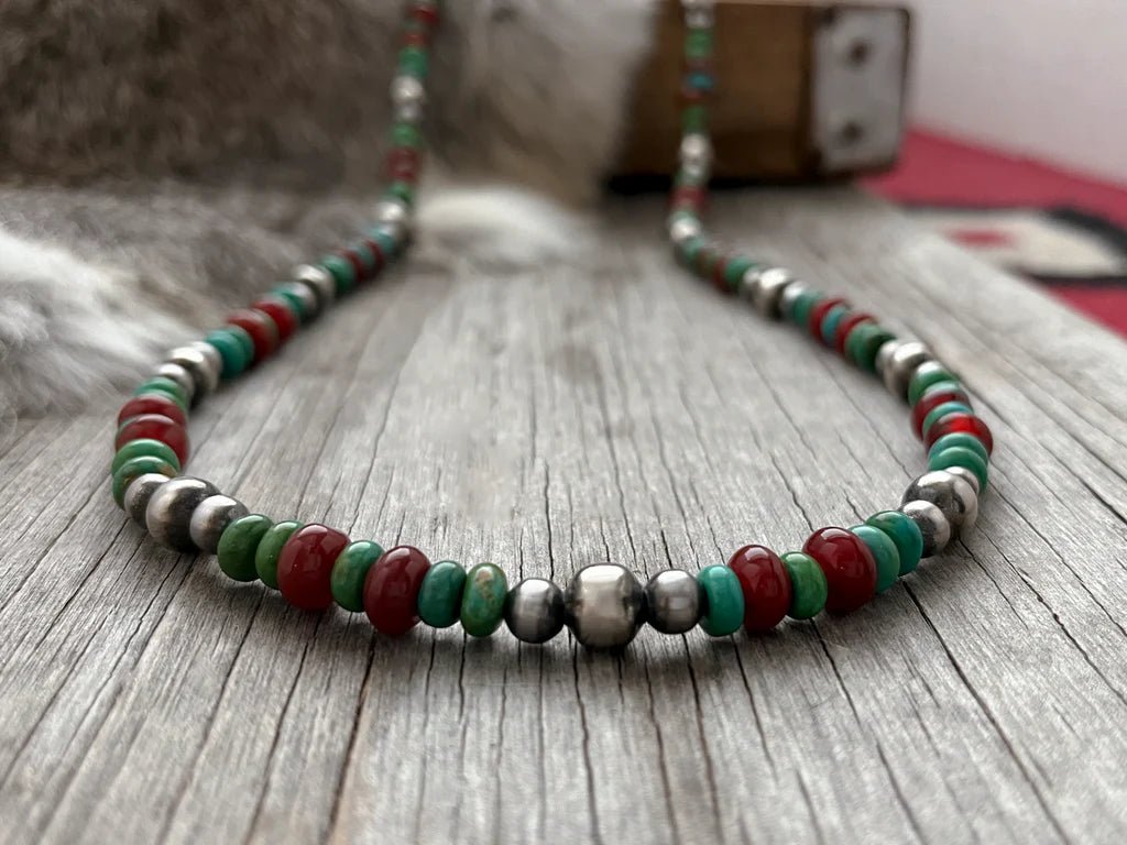 Turquoise and Red Agate Beaded Necklace