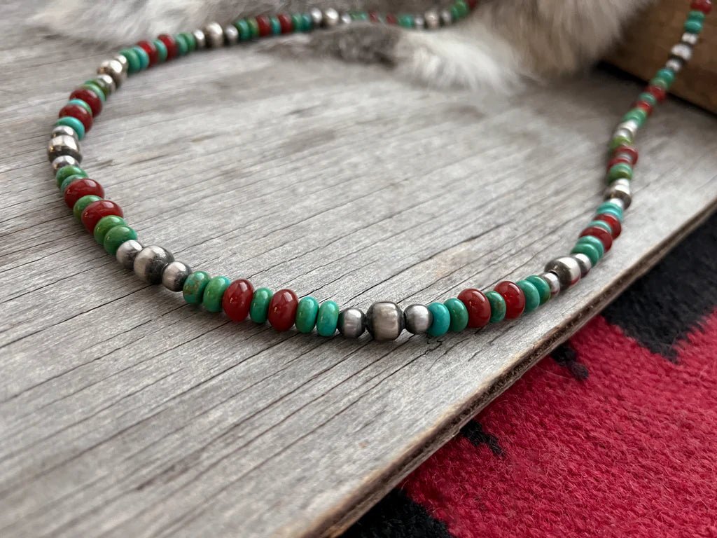 Turquoise and Red Agate Beaded Necklace