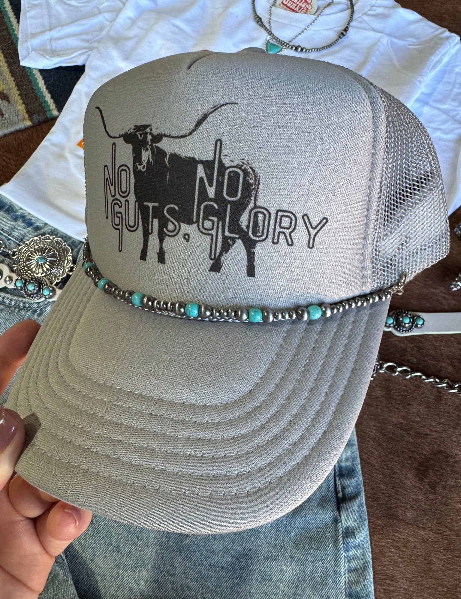 Turquoise and Silver Pearl Hat Chain