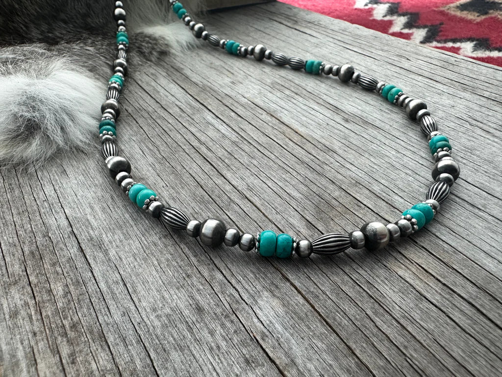 Turquoise and Silver Pumpkin Beaded Necklace