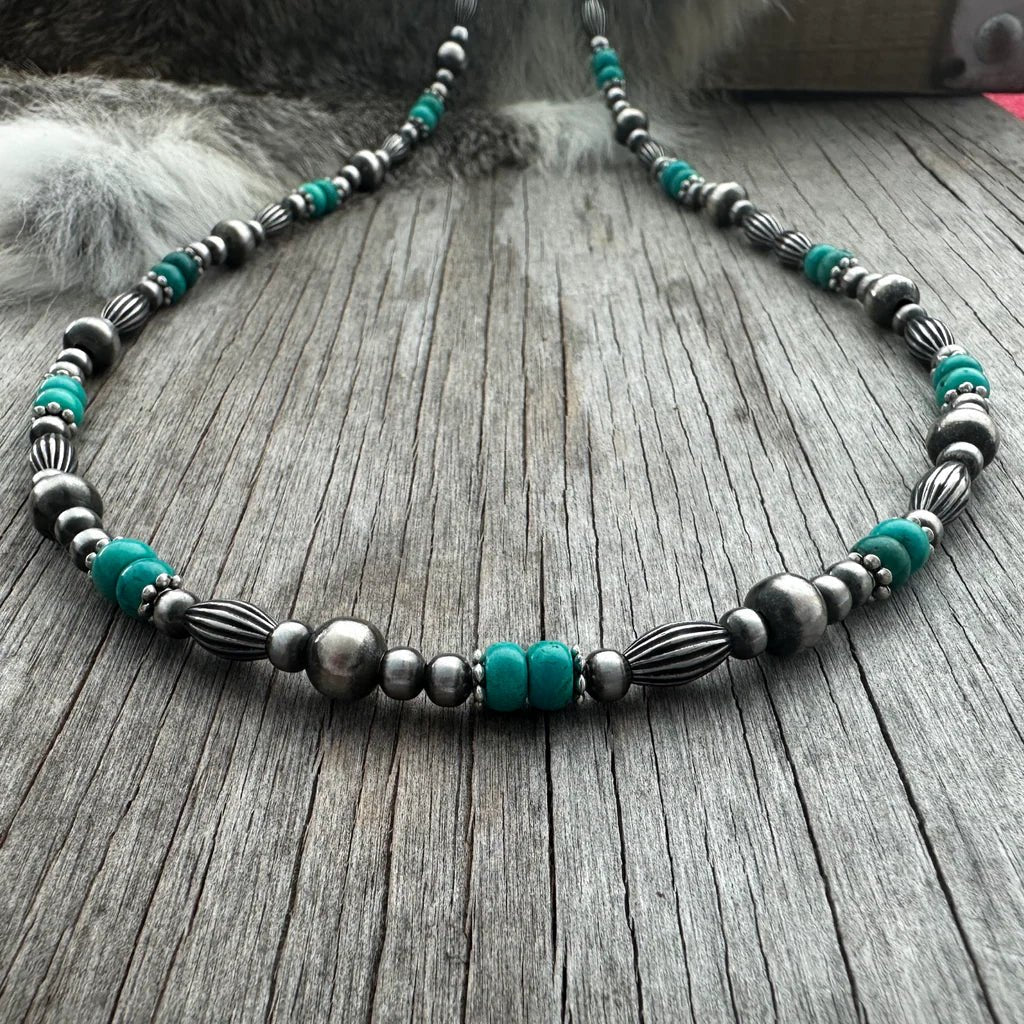 Turquoise and Silver Pumpkin Beaded Necklace