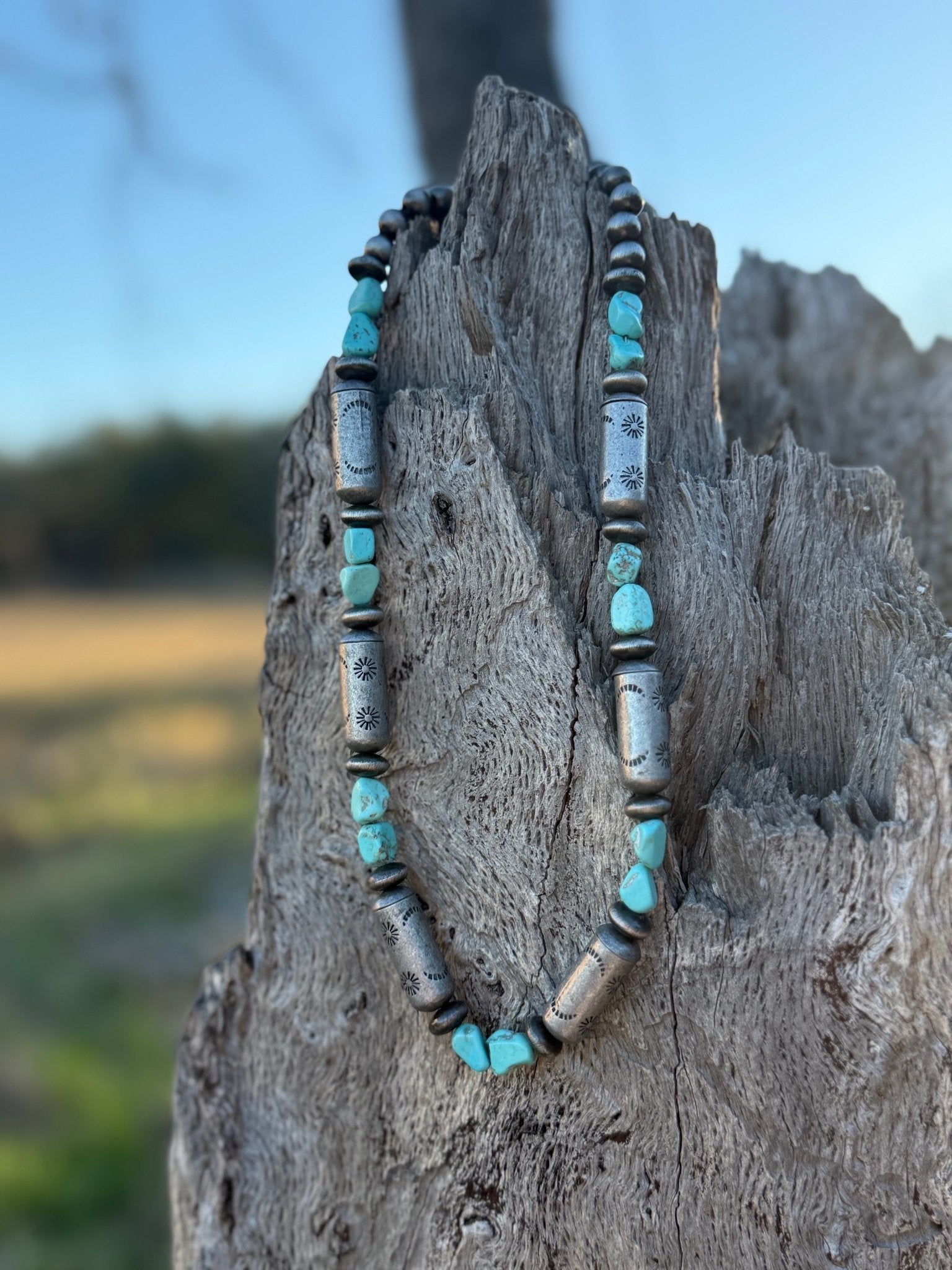 Turquoise And Silver Sunburst Beaded Necklace