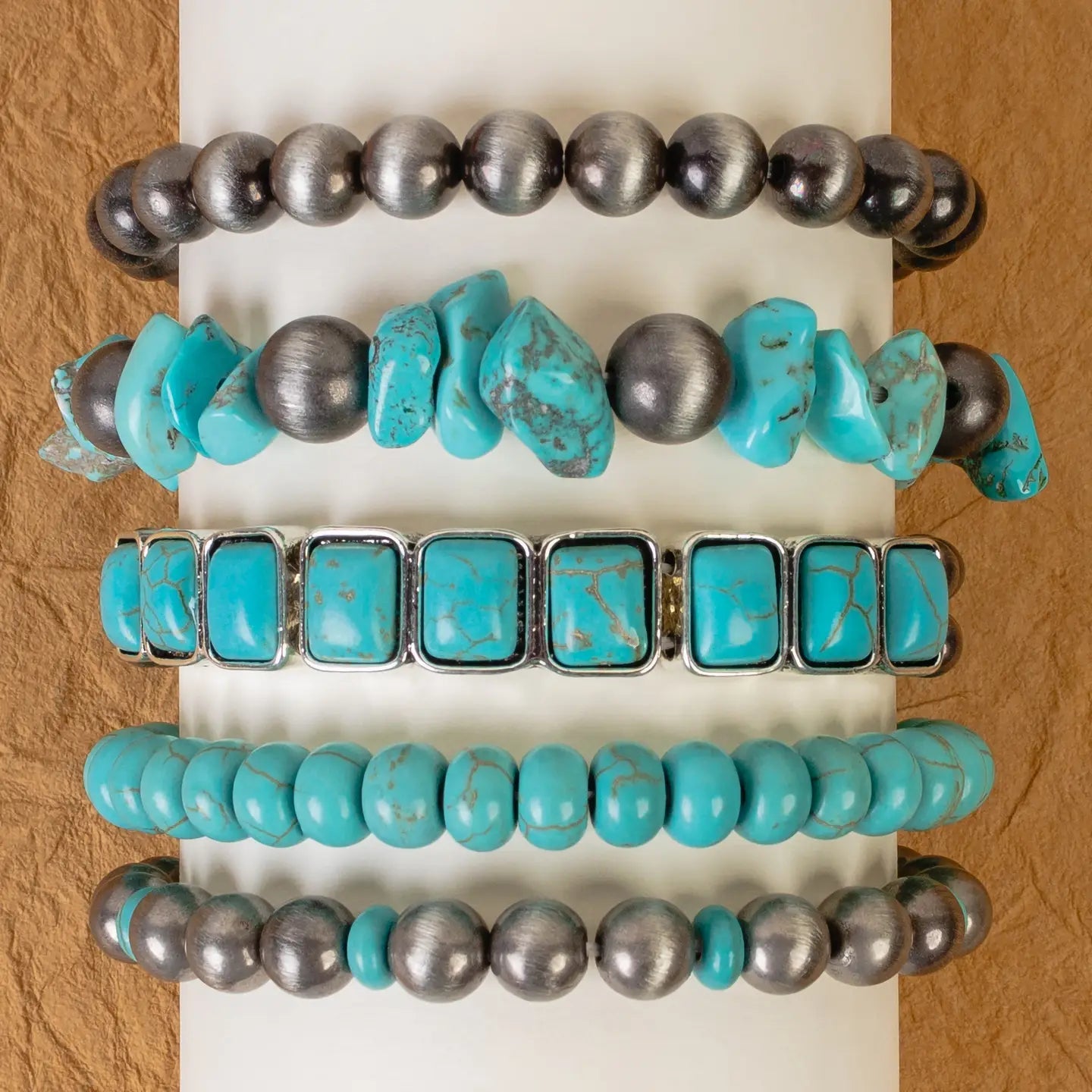 Turquoise Bead and Silver Bracelet Set
