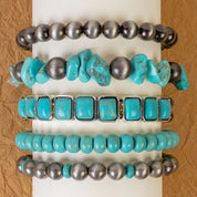 Turquoise Bead and Silver Bracelet Set