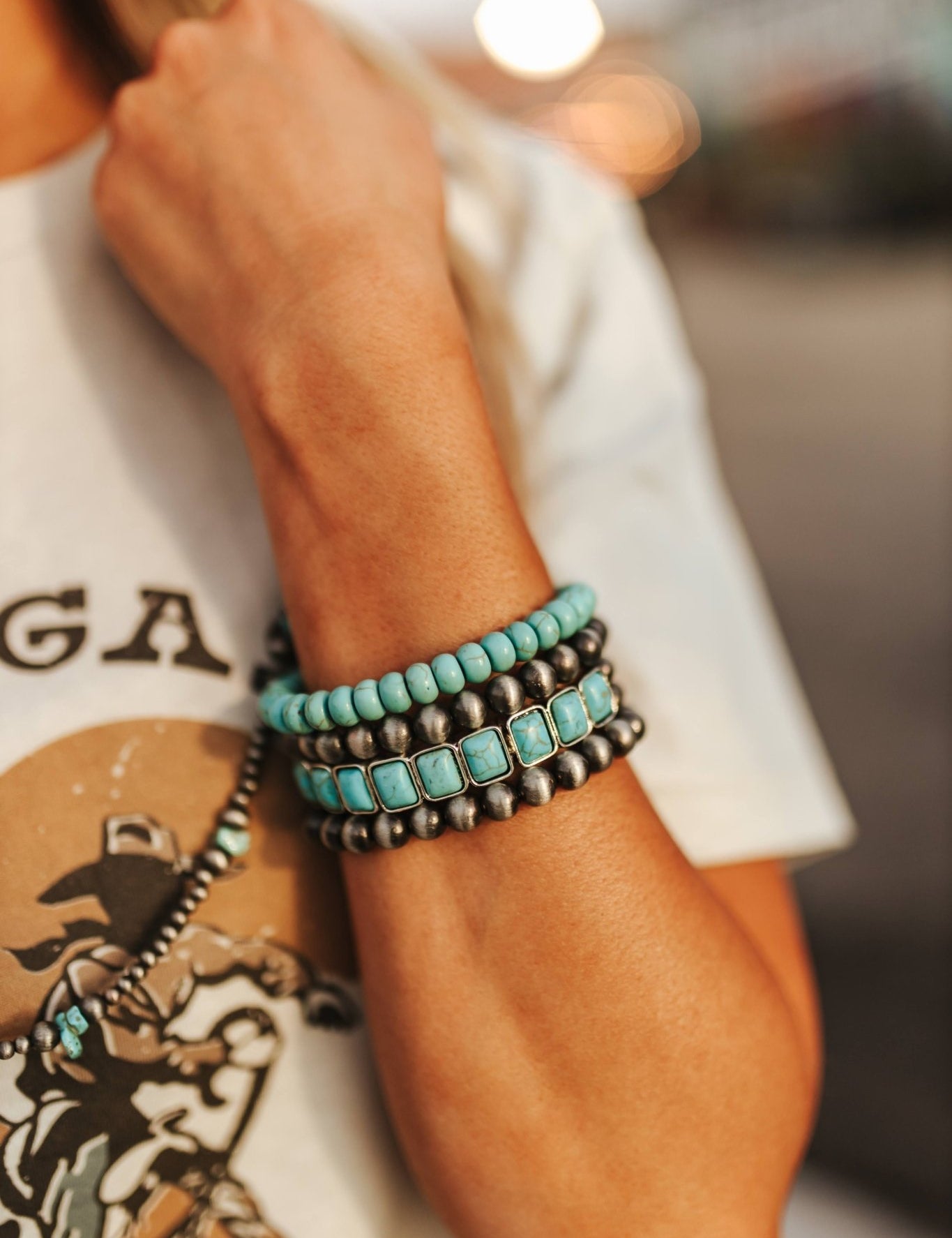 Turquoise Bead and Silver Bracelet Set