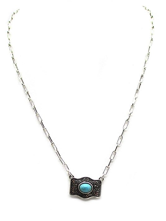 Turquoise Belt Buckle Paperclip Chain Necklace