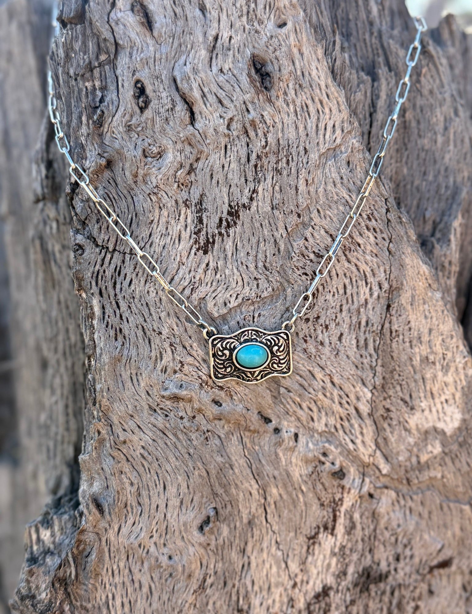 Turquoise Belt Buckle Paperclip Chain Necklace