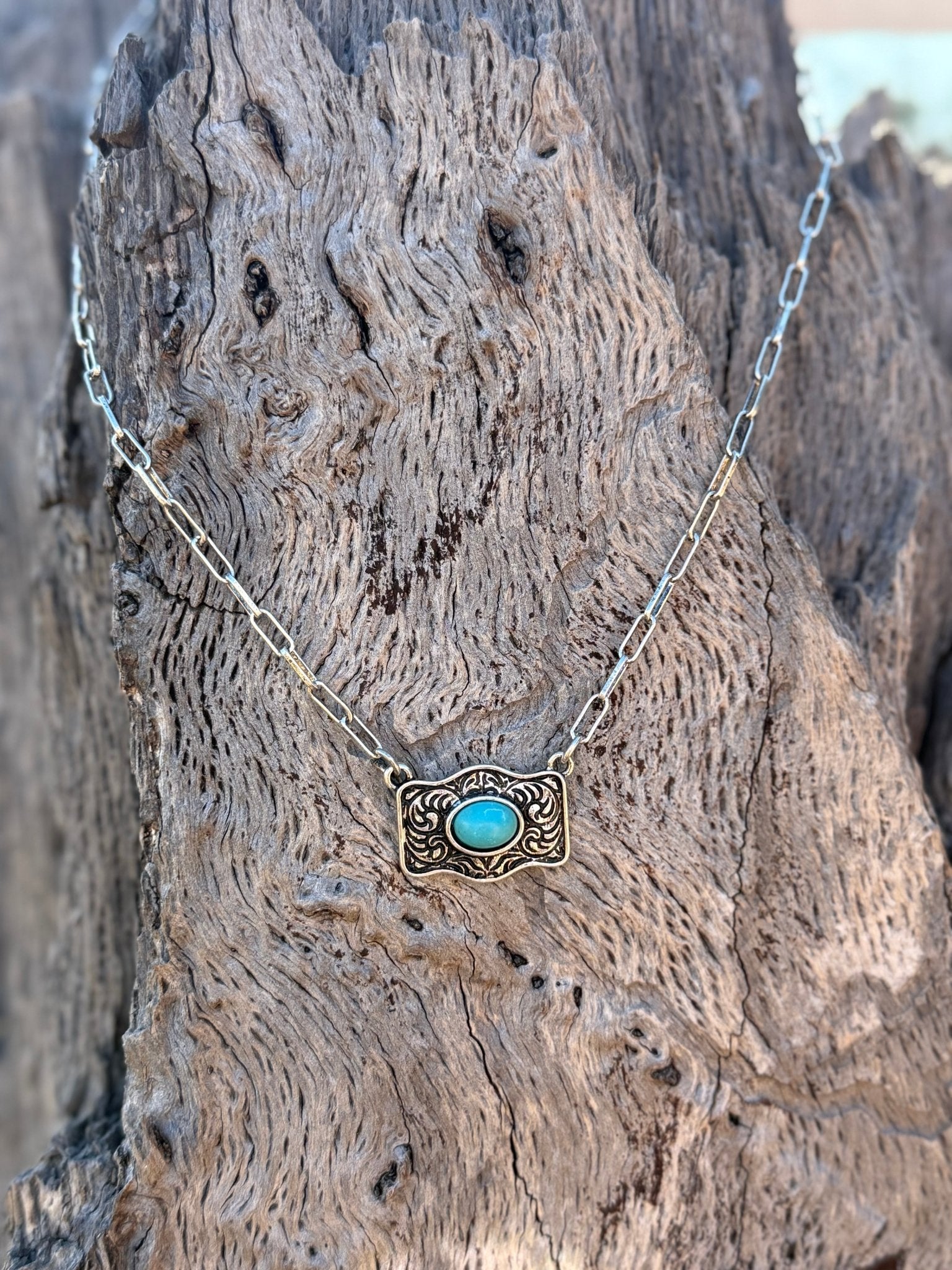 Turquoise Belt Buckle Paperclip Chain Necklace