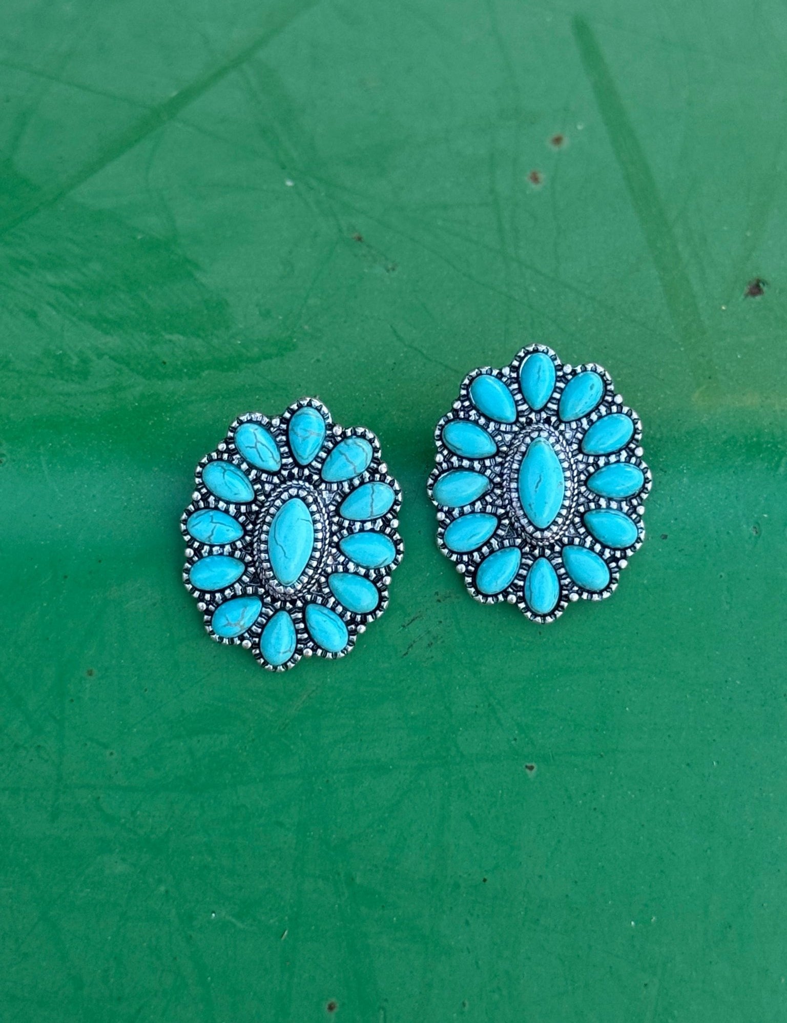 Turquoise Bloom Oval Cluster Earrings