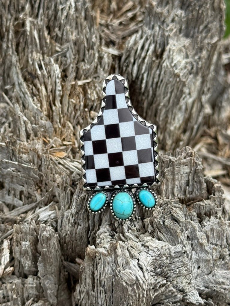 Turquoise Checkered Cattle Tag Cuff Ring