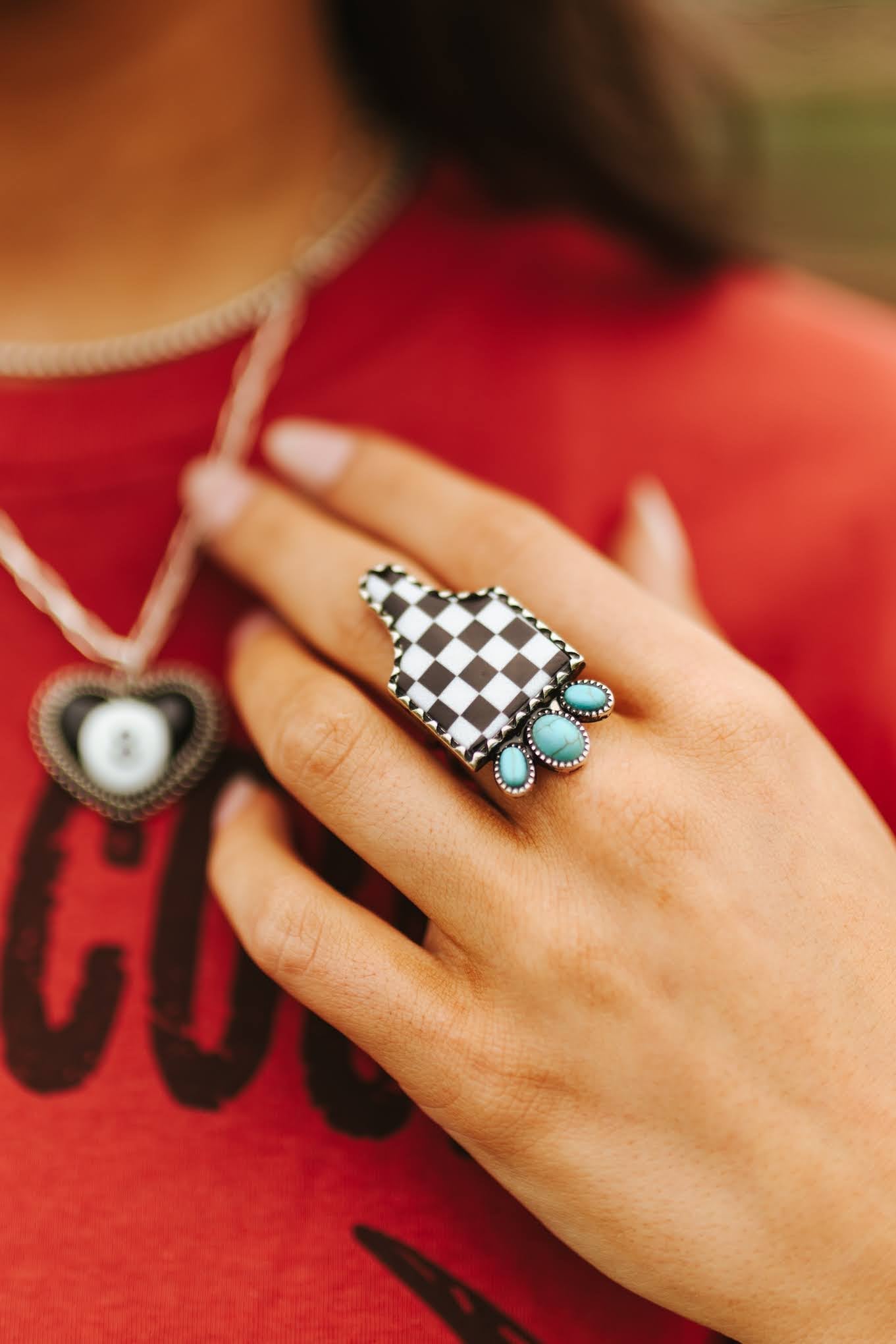 Turquoise Checkered Cattle Tag Cuff Ring