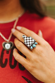 Turquoise Checkered Cattle Tag Cuff Ring