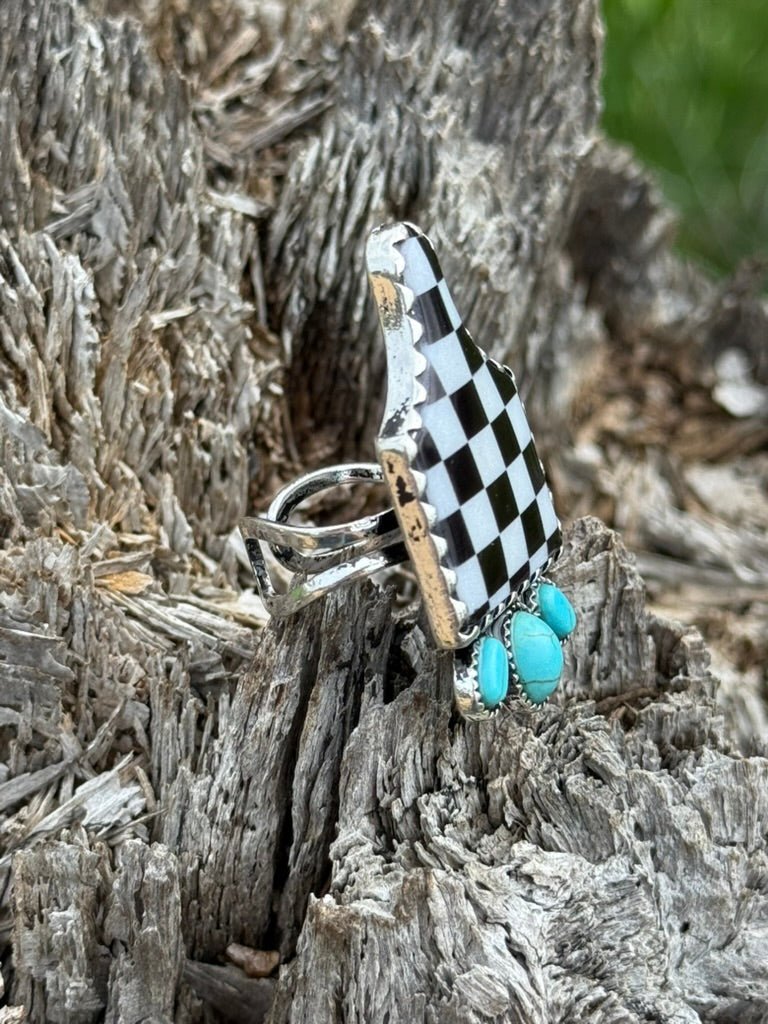 Turquoise Checkered Cattle Tag Cuff Ring