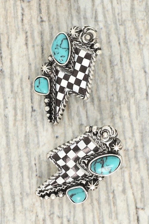 Turquoise Checkered Thunder Bolt Earrings