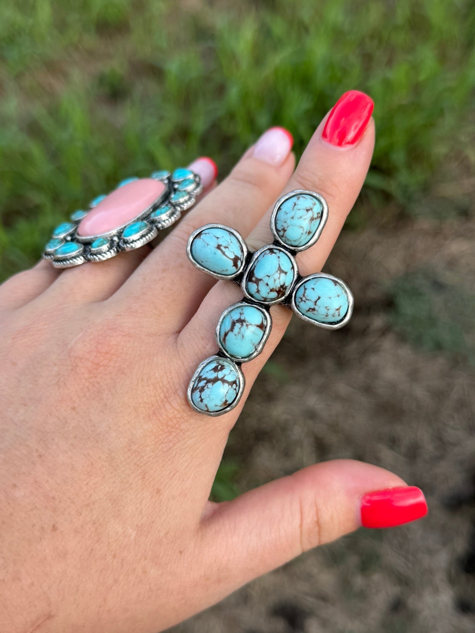 Turquoise Cluster Cross Stretch Ring