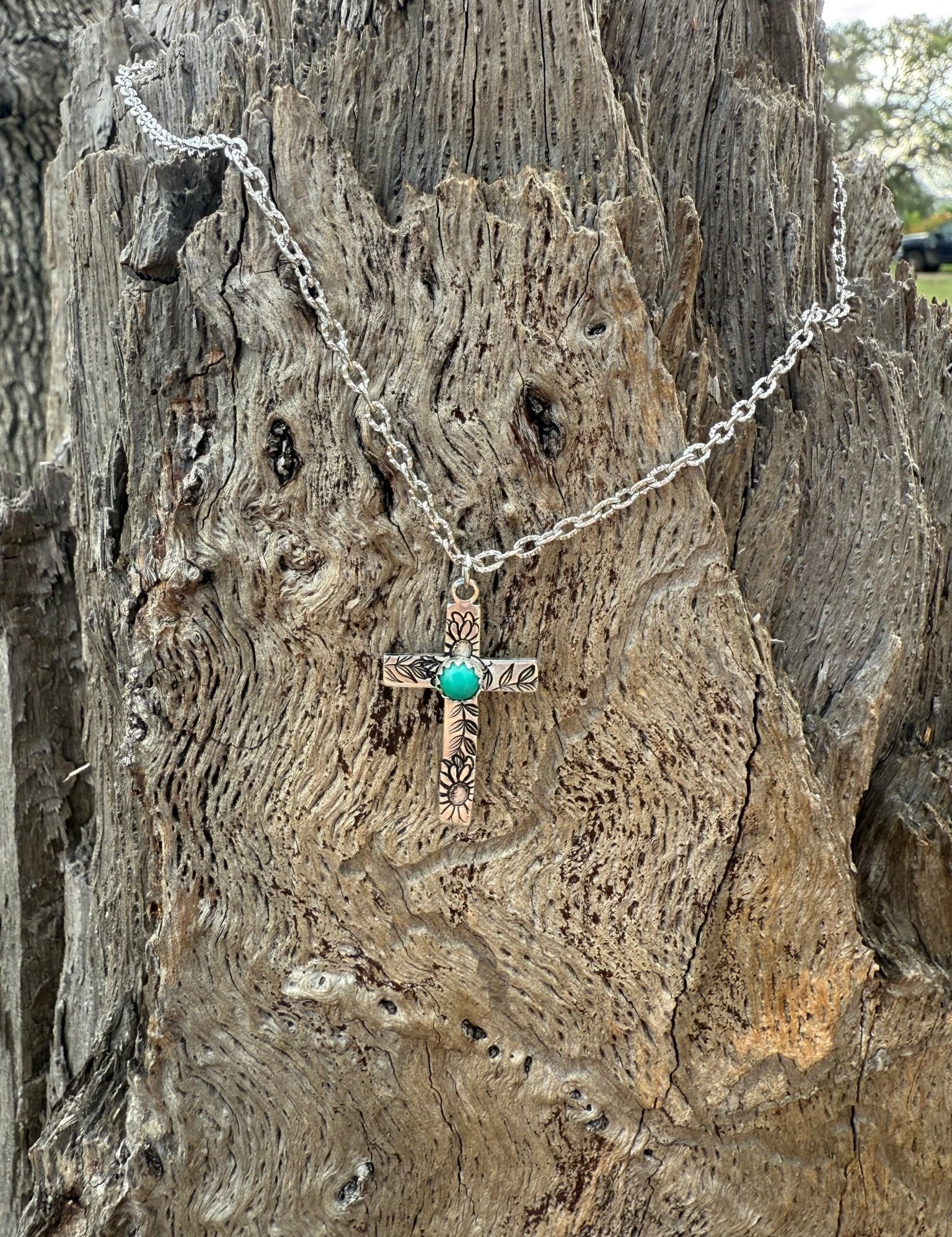 Turquoise Floral Cross Chain Necklace