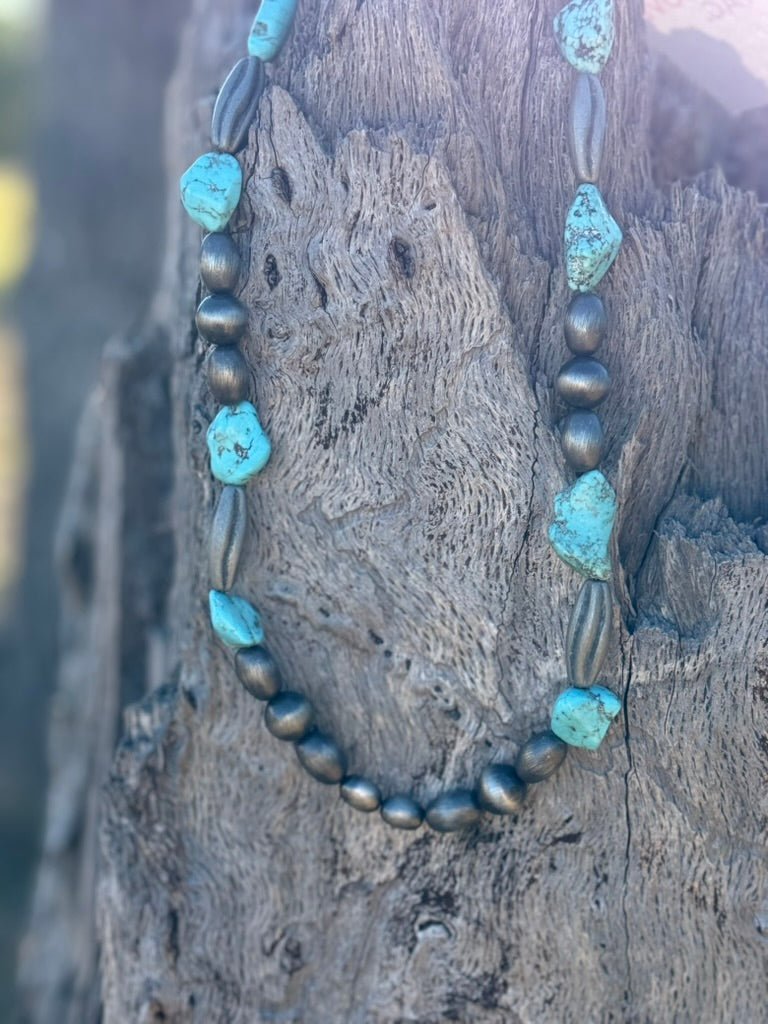 Turquoise Nuggets Silver Beaded Necklace