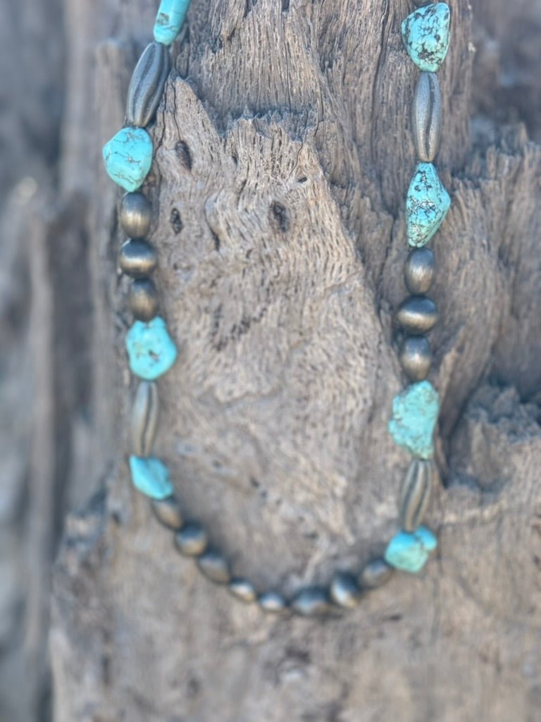 Turquoise Nuggets Silver Beaded Necklace