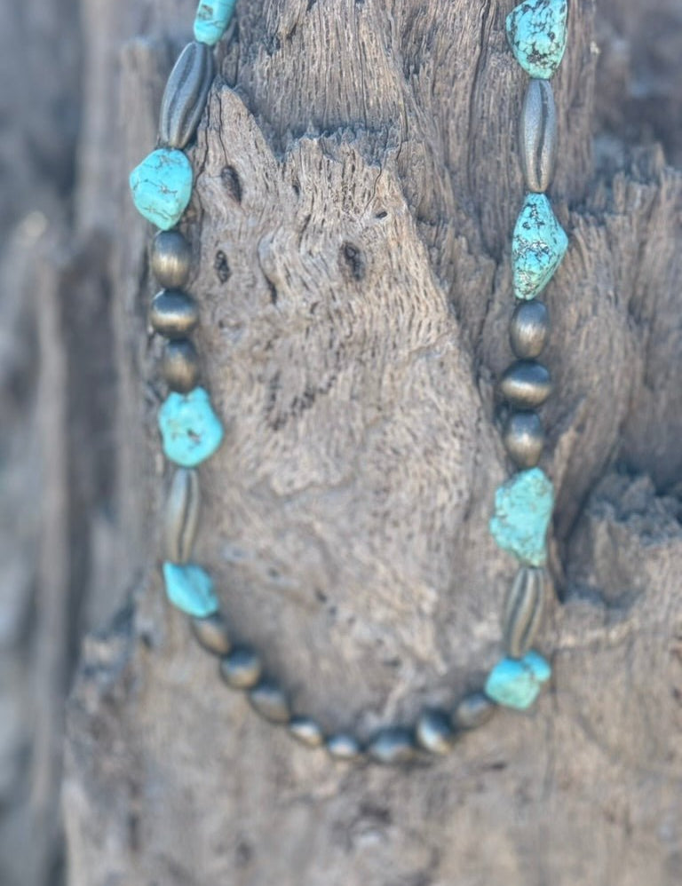 Turquoise Nuggets Silver Beaded Necklace