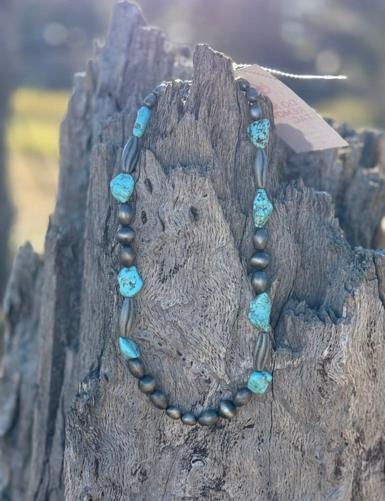 Turquoise Nuggets Silver Beaded Necklace