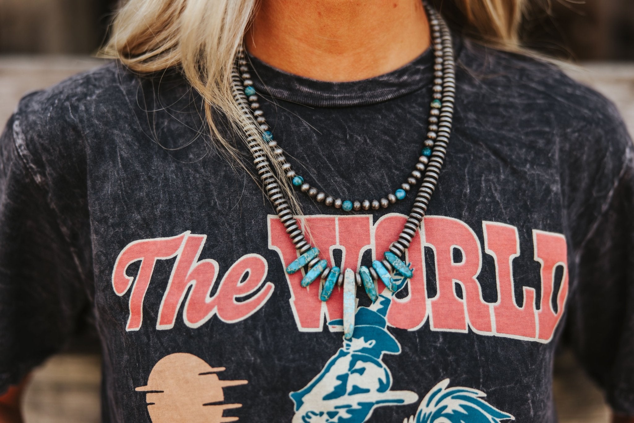 Turquoise Slabs Silver Beaded Necklace