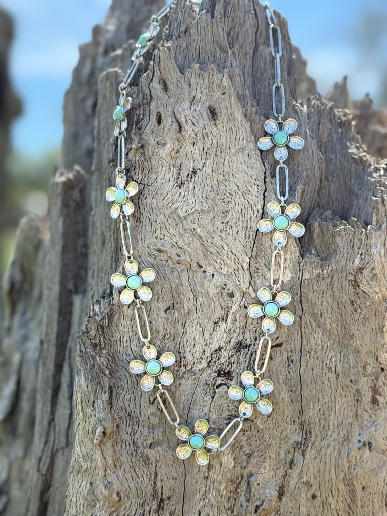 Turquoise Stone Flower Link Necklace