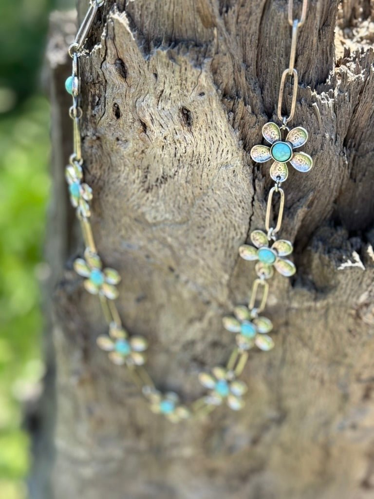 Turquoise Stone Flower Link Necklace