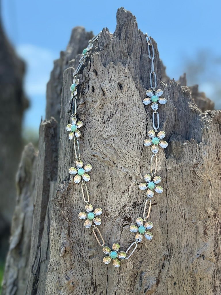 Turquoise Stone Flower Link Necklace