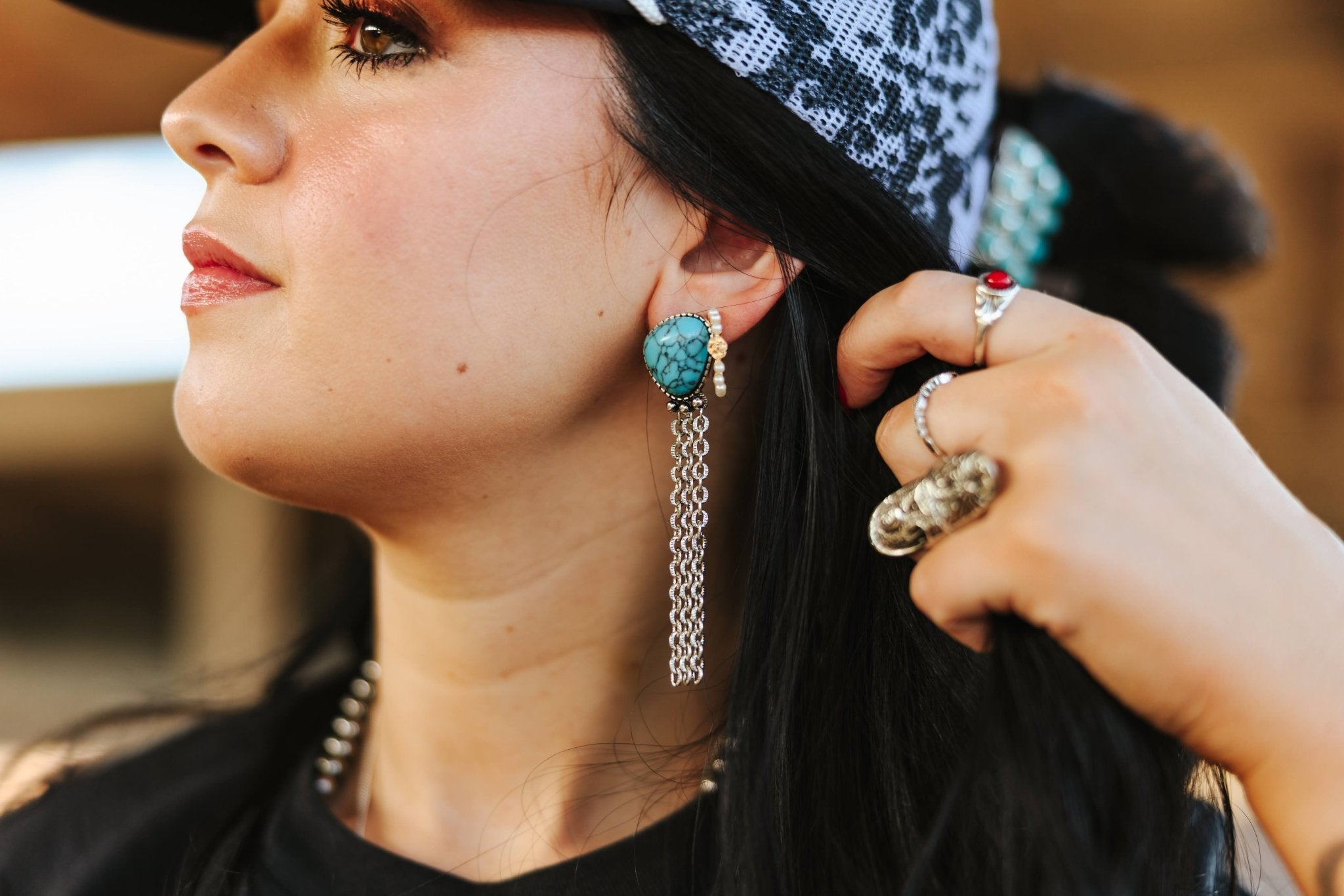 Turquoise Stone Tassel Earrings