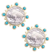 Turquoise Sunburst Buffalo Coin Earrings