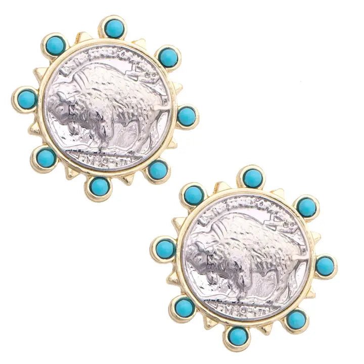 Turquoise Sunburst Buffalo Coin Earrings