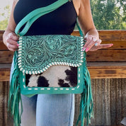 Turquoise Tooled Leather Cowhide Crossbody Bag