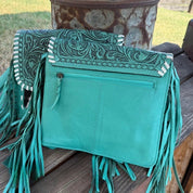 Turquoise Tooled Leather Cowhide Crossbody Bag