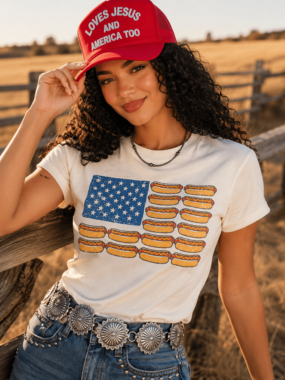 USA Hot Dog Flag Graphic TeeWhiteS