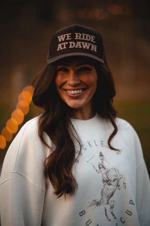 We Ride At Dawn Corduroy Embroidered Trucker Hat