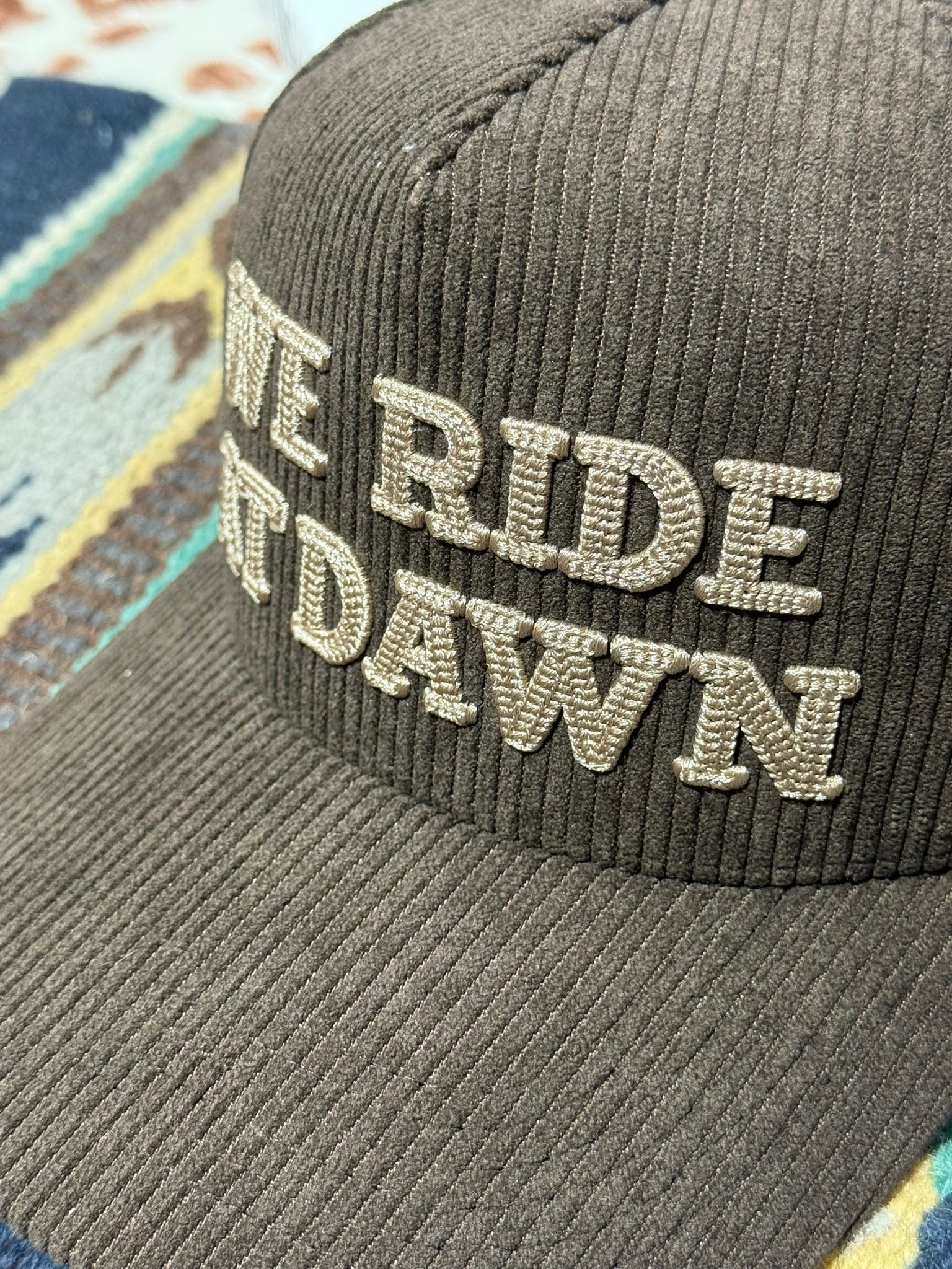 We Ride At Dawn Corduroy Embroidered Trucker Hat