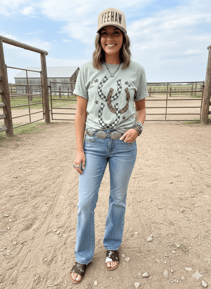 Western Checkered Horseshoe Graphic TeeBayS