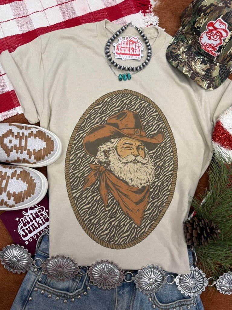 Western Cowboy Santa Zebra Print Graphic TeeTanS