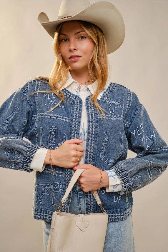 Western Embroidered Puff Sleeve Denim JacketS