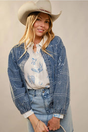 Western Embroidered Puff Sleeve Denim JacketS