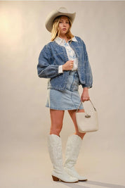 Western Embroidered Puff Sleeve Denim JacketS