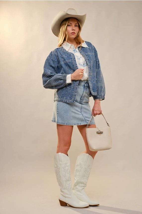 Western Embroidered Puff Sleeve Denim JacketS